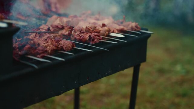 Meat cooking on grill skewers outside. Shish kebab grilling over charcoal. Outdoor summer barbecue party food preparation process, cooking dinner on barbecue pit.