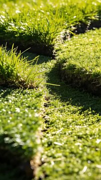 Vertical video: Panning low-angle camera revealing turf seam on soil for detail, with dew and grass