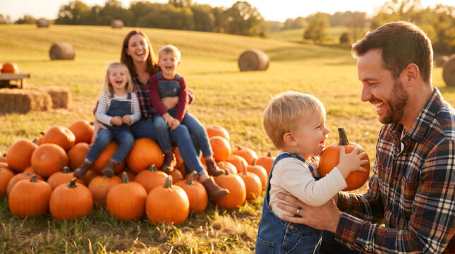 A family of five smiling happily in front of a pile of pumpkins on a farm field