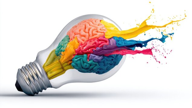Colorful brain exploding with ideas within a lightbulb