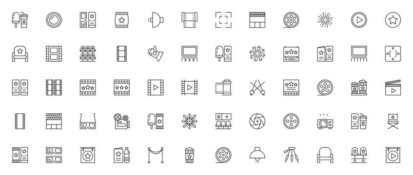 Film icon set. Minimal vector icons pack. Movie icon collection. Includes clapperboard, popcorn, film roll, projector, ticket, spotlight, 3d glasses, and more. Editable stroke.