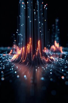 Abstract Digital Data Flow With Glowing Lines Rising On A Dark Background For Tech Presentations