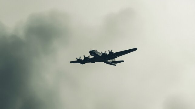 Silhouette of a vintage bomber airplane flying through clouds
