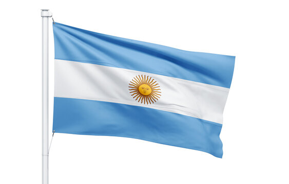 A close up of the argentina flag waving on a pole against a black background in an outdoor setting