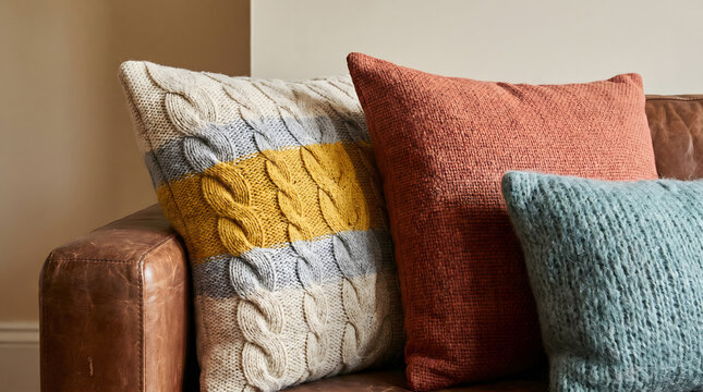 Three knitted cushions in yellow gray orange and blue placed on a brown leather sofa
