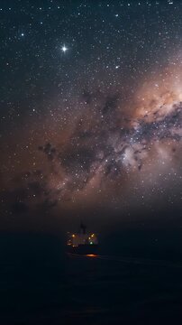 Vertical video: Starting recording ship cruising on night sea with lights and wake under Milky Way