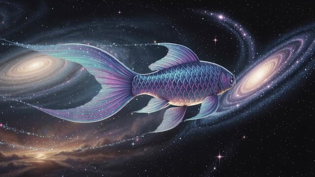 Surreal cosmic fish swimming through galaxy with sparkling stars and vibrant colorful scales in space