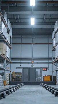 Vertical video: Misty view sparking camera tracking center aisle at warehouse, with rails,racks