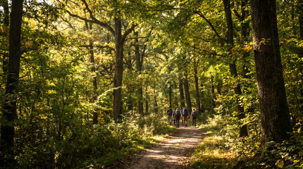 Fototapeta premium Hikers walking along a forest trail under dappled sunlight in autumn woodland