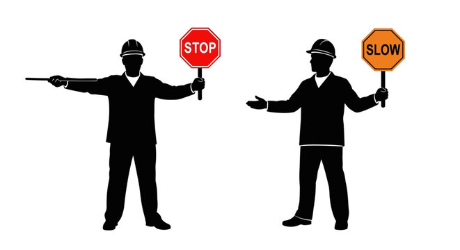Construction Workers Holding Stop And Slow Signs Black Silhouette