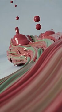 Vertical video: Falling droplets hitting shiny paint, making columns and pulling ribbons in studio