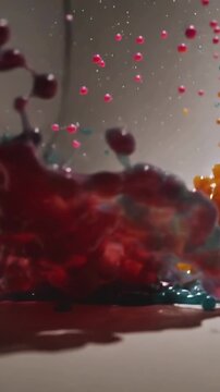 Vertical video: Launching paint jets colliding, red teal yellow blobs rising, splashing on tabletop