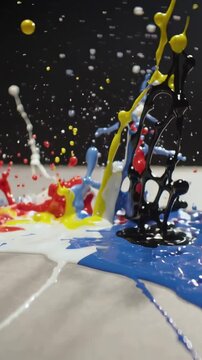 Vertical video: Impacting paint pools forcing splashes on studio table, mixing colors into streams