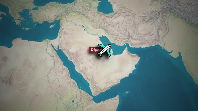 Riyadh to Beijing Airplane Flight Route Animation on Topographic Map