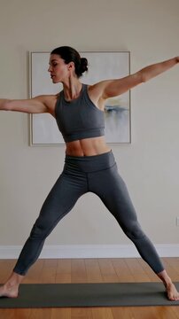 Vertical video: Stretching woman performing standing twist at home in dark sportswear on dark mat