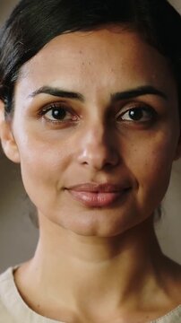 Vertical video: Recording starting, adult woman blinking and smiling for calm portrait in room