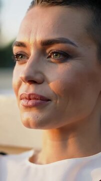 Vertical video: Smiling adult woman wearing light top lifting lips while gazing at off-camera water