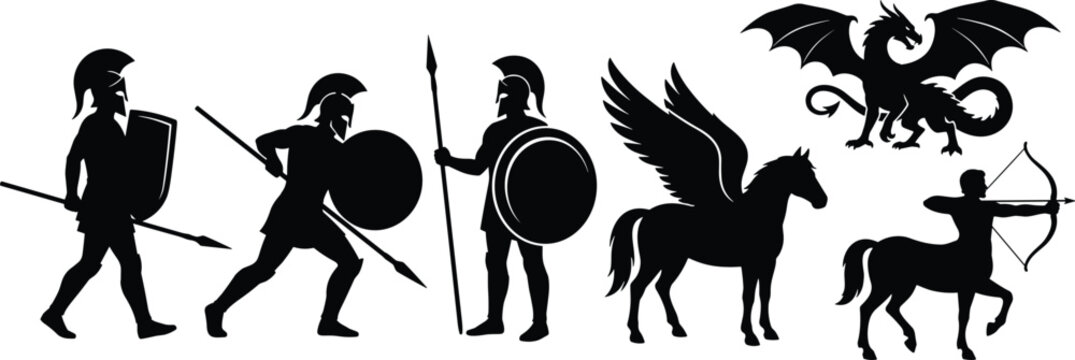 Greek mythology warrior and mythical creature black silhouette vector icon set featuring spartan centaur pegasus and dragon
