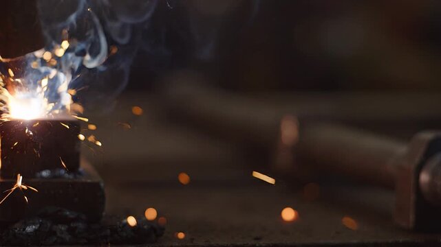 Close-up shot of a bright welding spark illuminating dark metal objects with a shallow depth of field, showcasing industrial craftsmanship