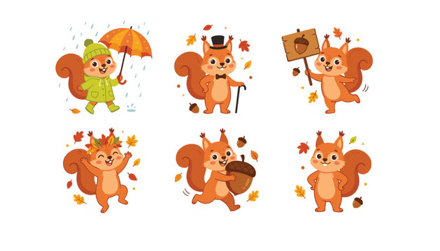 Cute autumn squirrel characters set featuring happy rodents with acorns umbrella rain coat top hat and falling leaves