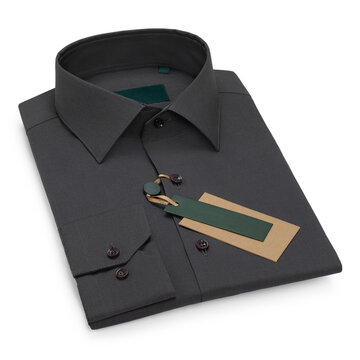 Folded graphite grey mens classic shirt with tags isolated on white background angle view