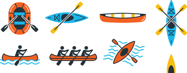 Kayaking and rafting flat vector icon set featuring colorful canoes oars and people rowing on waves © Shukimon