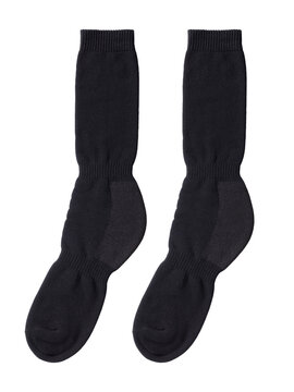 Pair of black high tactical socks with reinforced terry sole military thermal socks isolated on white background top view
