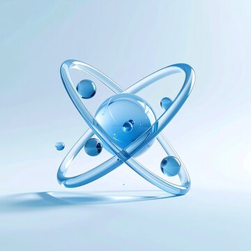 This sleek blue glass atom model floats elegantly, representing science, innovation, and energy. A pristine 3D concept ideal for tech, medical, and physics designs. Nobody.