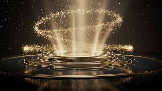 Futuristic glowing golden hologram platform with sparkling particles and sci fi light effects in dark space