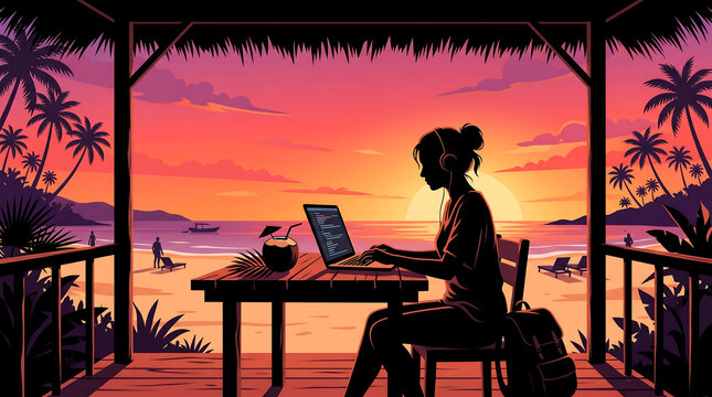 Digital nomad woman working with a laptop from a tropical beach resort during sunset vector illustration