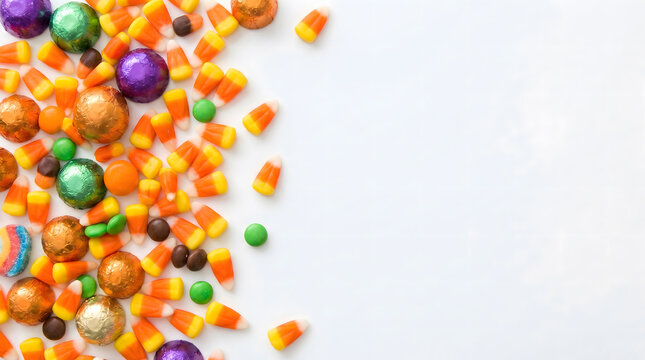 Halloween candy corn and wrapped chocolates scattered on white background in close up