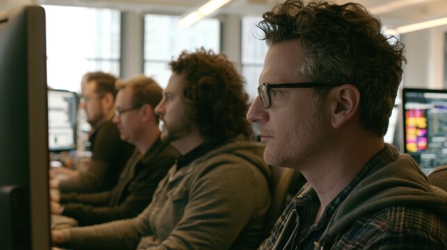 Focused group of diverse young men working intently on desktop computers in modern office environment with multiple monitors and natural daylight