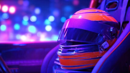 Fototapeta premium A racing helmet rests in a car seat, illuminated by vibrant blue and purple lights, creating an exciting atmosphere