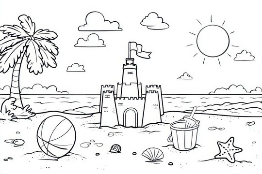 Printable summer coloring sheet featuring sandcastle, shells, waves and playful shapes