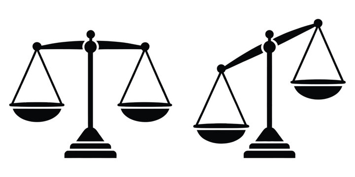 Vector balance scale icon set featuring justice and measurement symbols in clean clip art style, isolated on a transparent background, perfect for law, finance, business, equality, comparison, and dec