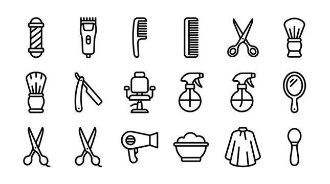Barber Shop Icons Set: Hairdresser Tools, Vintage Barber Pole, Scissors, Clippers, Comb