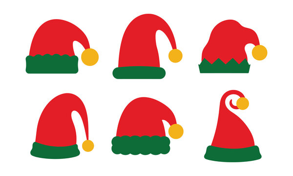 Collection of six different christmas santa and elf hats in flat vector art.