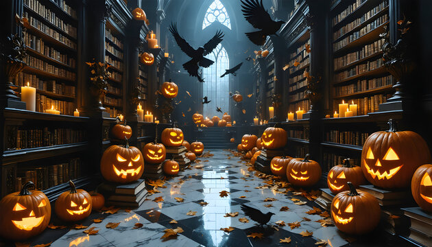 Spooky Halloween background featuring glowing jack o lantern pumpkins and black crows inside a dark grand gothic library with ancient bookshelves.
