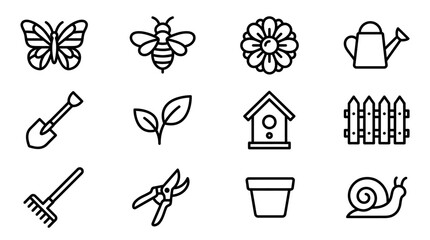 Gardening Icons Set: Butterfly, Bee, Flower, Watering Can, Tools, Pot, Snail © Brian