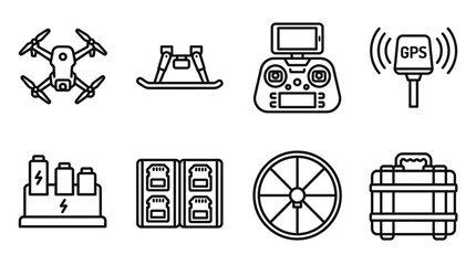 Drone Technology Icons Set: Quadcopter, Controller, Charger, GPS, SD Cards, Propeller, Case © Brian
