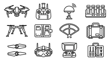 Drone Technology Icons: Aerial Vehicle, Remote Control, VR Goggles, Propellers, Case © Brian