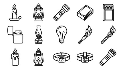 Collection of light sources icons: flashlight, candle, lantern, torch, light bulb, lighter, matches © Brian