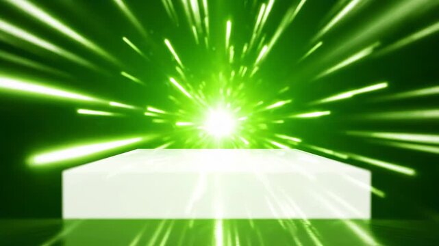 Abstract green light explosion with a white platform in the foreground