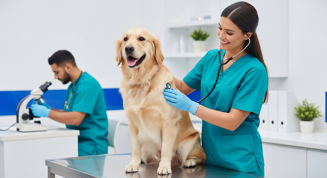 A veterinarian examines a golden retriever with a stethoscope in a sterile clinic, showcasing animal care and health services, representing a commitment to pet well-being.