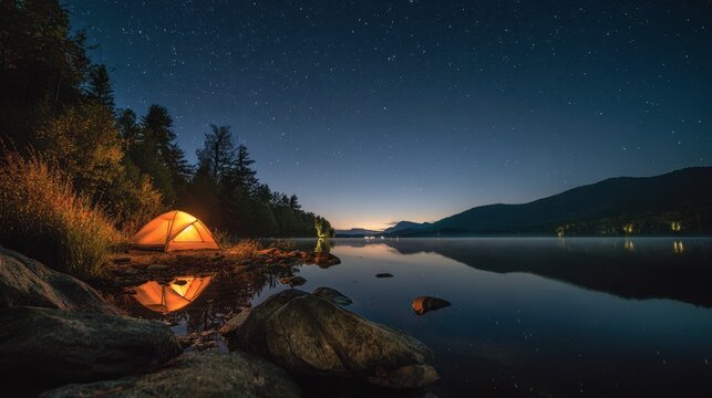 Quiet lakeside camping under a starry sky with a tent glowing warmly from inside