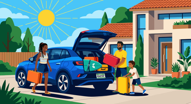 Happy multi-ethnic family packing luggage into car for summer road trip