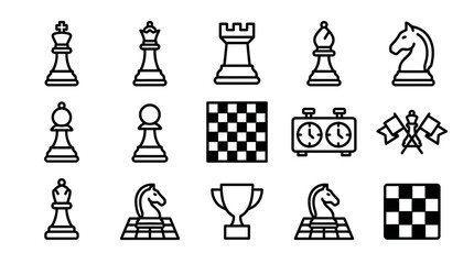 Chess Game Icons Set: King, Queen, Rook, Bishop, Knight, Pawn, Board, Clock, Trophy © Brian