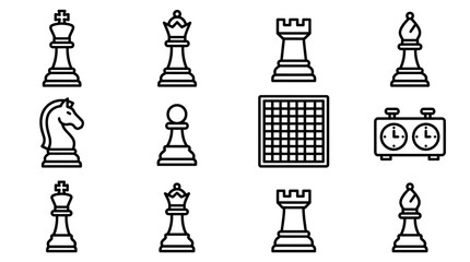 Chess Game Icons: King, Queen, Rook, Bishop, Knight, Pawn, Board, Clock - Black and White Line Art © Brian
