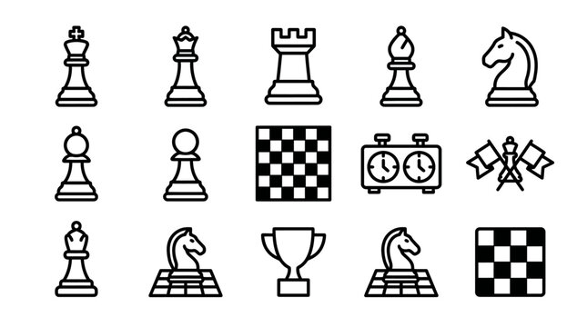 Chess Game Icons Set: King, Queen, Rook, Bishop, Knight, Pawn, Board, Clock, Trophy