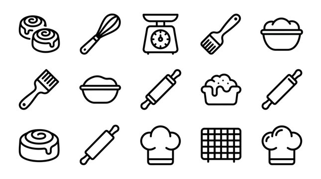 Baking Icons Set: Pastry, Utensils, Chef Hat, Scale, Rolling Pin, Whisk, Brush